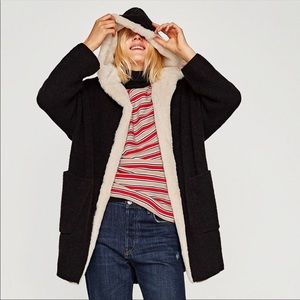 Zara Knit Long Hooded Cardigan with Sherpa Detail